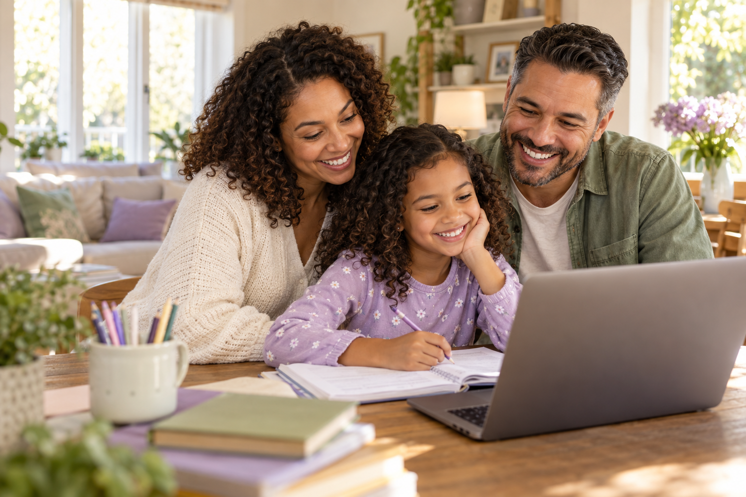 Happy family sharing a learning moment around a laptop at home