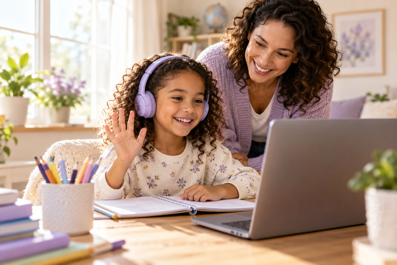 Smiling child enjoying an online lesson at home with a parent nearby