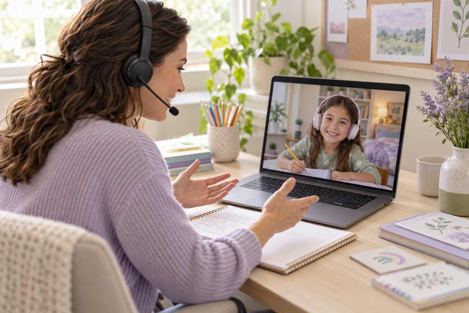 Teacher warmly tutoring a child through an online video lesson
